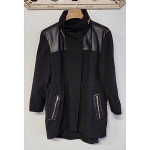 Alfani Large Coat Jacket Black Gold Accents asymmetrical Hem Concealed Hood